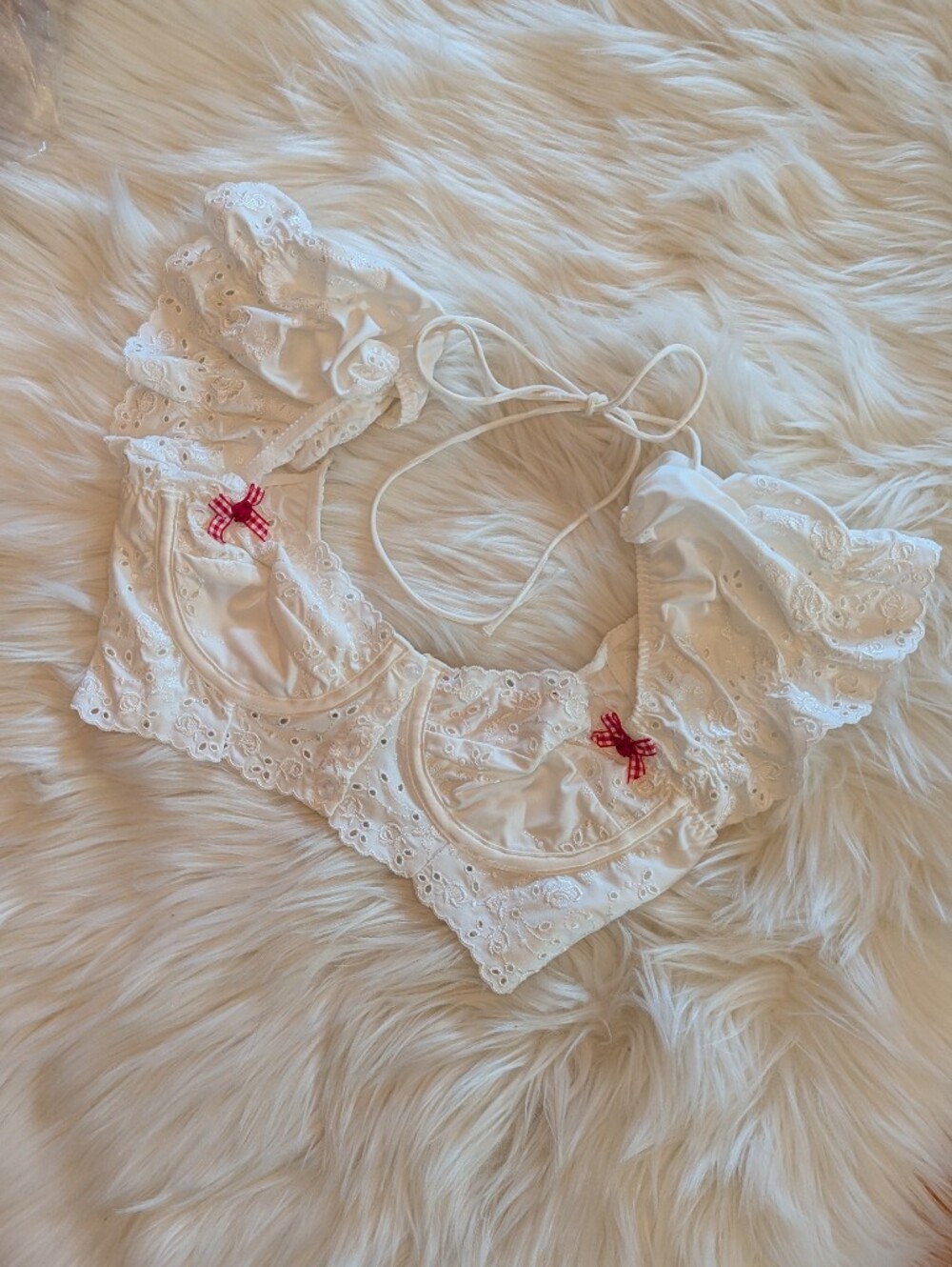 For Love And Lemons White Eyelet Bra Top With Red Roses And Gingham Bows XS NWT